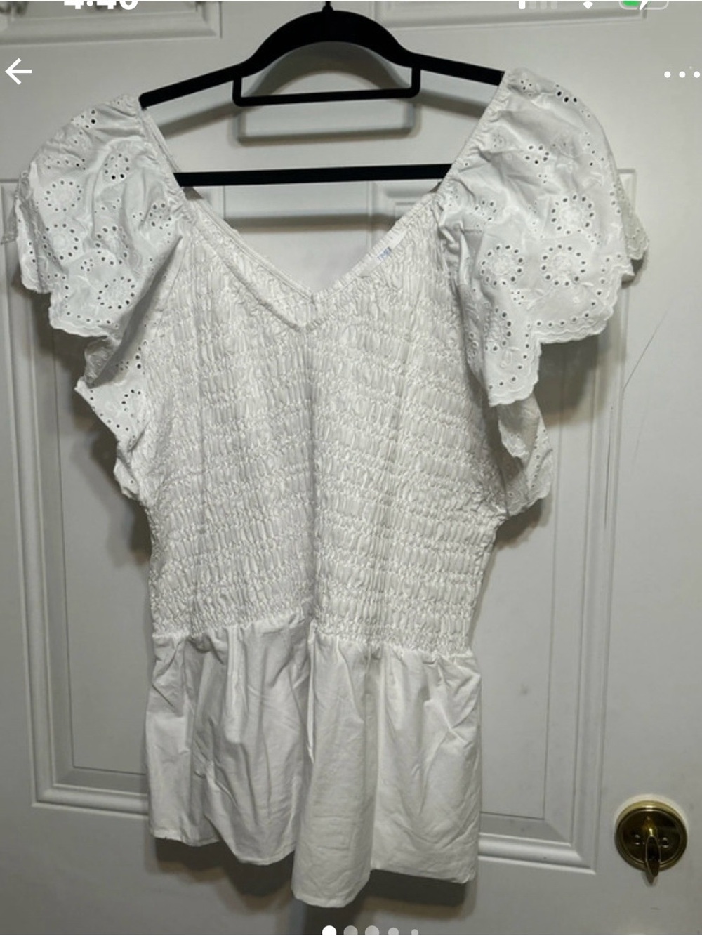 Time and Tru White Eyelet Flutter Sleeve Smocked Peplum Blouse NWOT